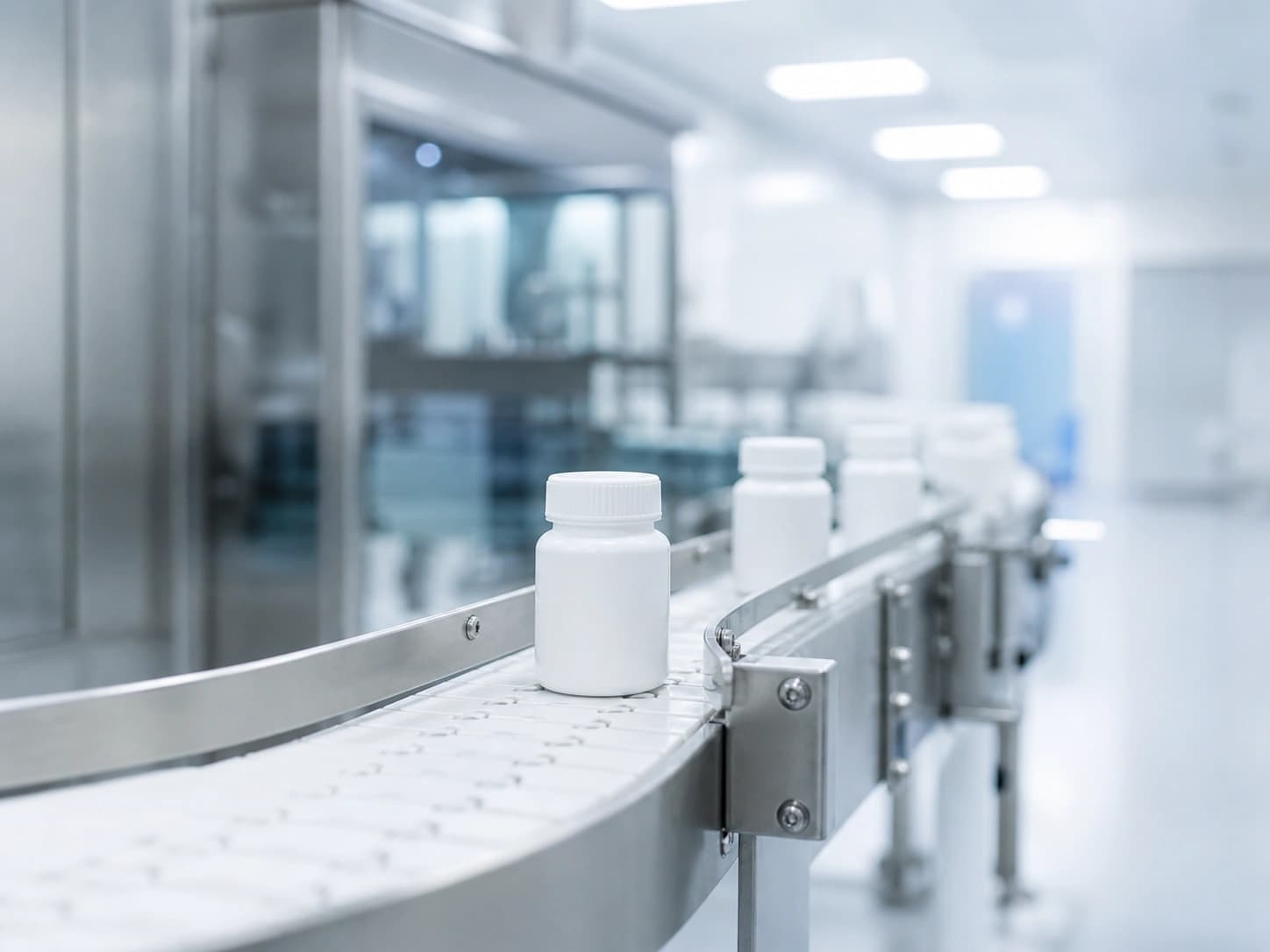 Reinraum-fähiges Band in einer Pharma- bzw. Hygieneproduktion.