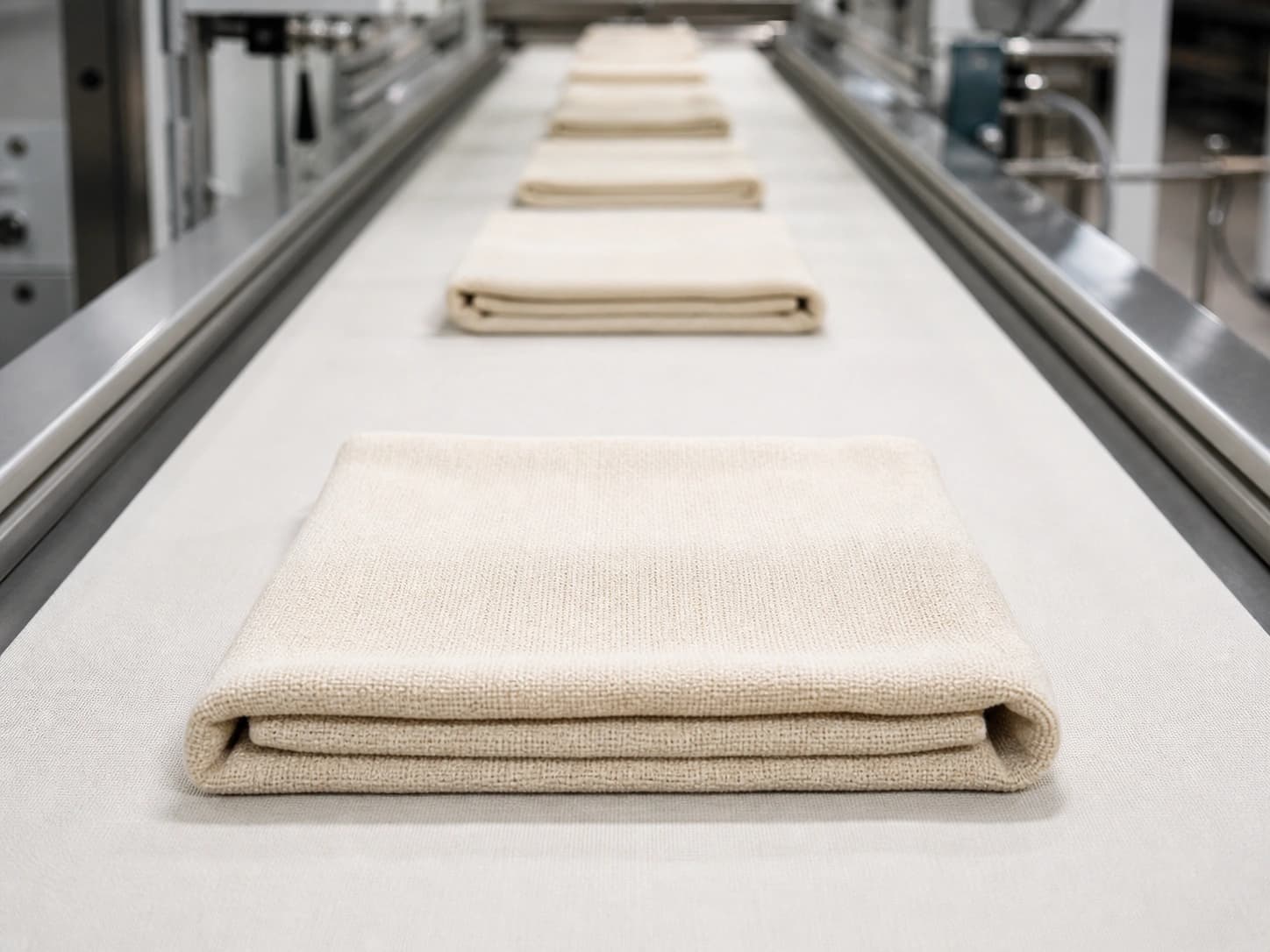 Transportband in einer Textil- und Konfektionierungsanlage.